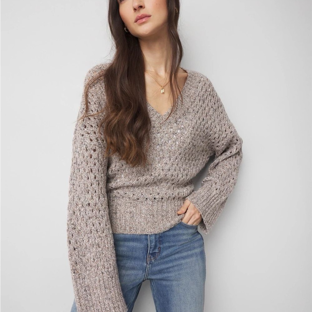 V-Neck Open Stitch Sequin Sweater in Gray